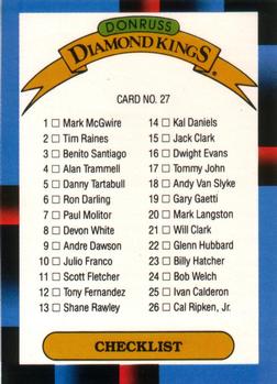 1988 Leaf #27 Diamond Kings Checklist: 1-26 Front