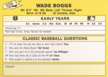 1987 Classic Update Yellow #105 Wade Boggs Back