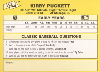 1987 Classic Update Yellow #112 Kirby Puckett Back