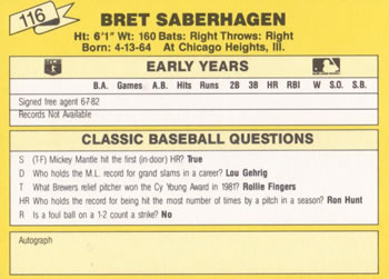 1987 Classic Update Yellow #116 Bret Saberhagen Back