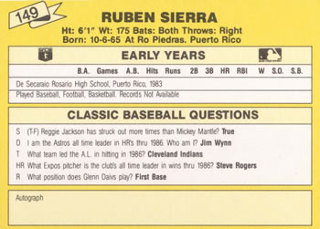 1987 Classic Update Yellow #149 Ruben Sierra Back