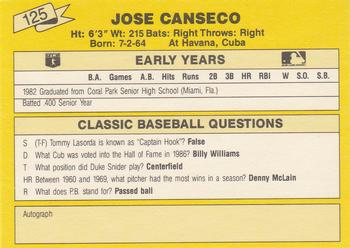 1987 Classic Update Yellow #125 Jose Canseco Back