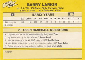 1987 Classic Update Yellow #133 Barry Larkin Back