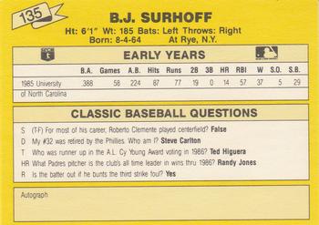 1987 Classic Update Yellow #135 B.J. Surhoff Back