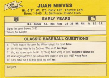 1987 Classic Update Yellow #136 Juan Nieves Back