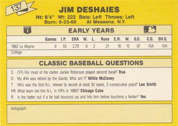 1987 Classic Update Yellow #137 Jim Deshaies Back