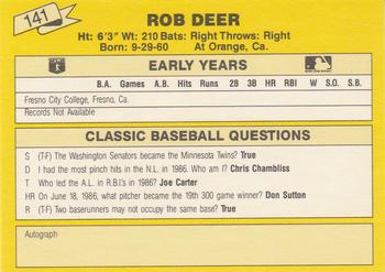 1987 Classic Update Yellow #141 Rob Deer Back