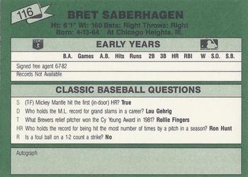 1987 Classic Update Yellow/Green Backs #116 Bret Saberhagen Back