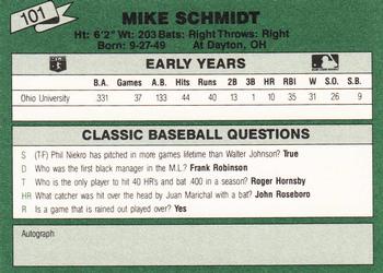 1987 Classic Update Yellow/Green Backs #101 Mike Schmidt Back
