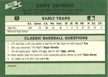 1987 Classic Update Yellow/Green Backs #110 Cory Snyder Back