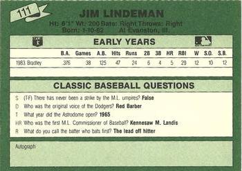 1987 Classic Update Yellow/Green Backs #111 Jim Lindeman Back