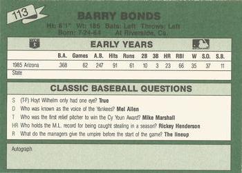 1987 Classic Update Yellow/Green Backs #113 Barry Bonds Back