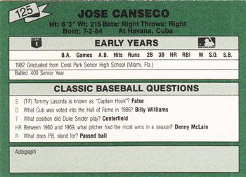 1987 Classic Update Yellow/Green Backs #125 Jose Canseco Back