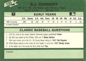 1987 Classic Update Yellow/Green Backs #135 B.J. Surhoff Back