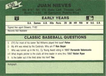 1987 Classic Update Yellow/Green Backs #136 Juan Nieves Back