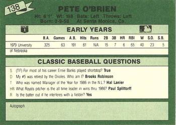 1987 Classic Update Yellow/Green Backs #138 Pete O'Brien Back
