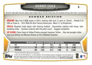 2013 Bowman Draft Picks & Prospects - Chrome #6 Gerrit Cole Back