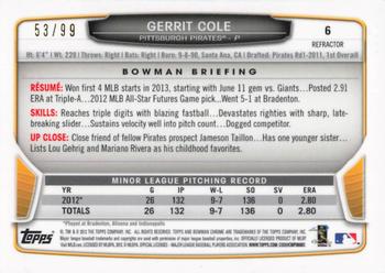 2013 Bowman Draft Picks & Prospects - Chrome Blue Refractors #6 Gerrit Cole Back
