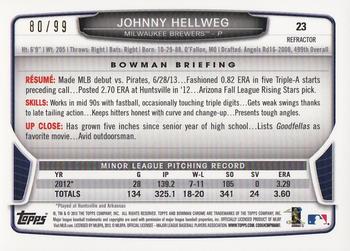 2013 Bowman Draft Picks & Prospects - Chrome Blue Refractors #23 Johnny Hellweg Back