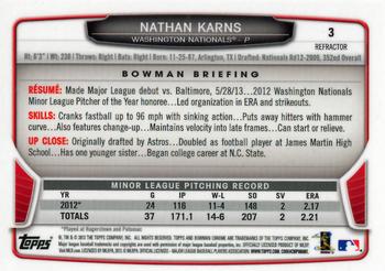 2013 Bowman Draft Picks & Prospects - Chrome Blue Wave Refractors #3 Nathan Karns Back