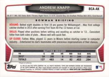 2013 Bowman Draft Picks & Prospects - Chrome Draft Pick Autographs #BCA-AK Andrew Knapp Back