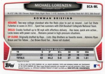 2013 Bowman Draft Picks & Prospects - Chrome Draft Pick Autographs #BCA-ML Michael Lorenzen Back