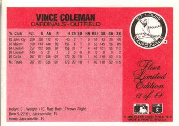 1986 Fleer Limited Edition #11 Vince Coleman Back