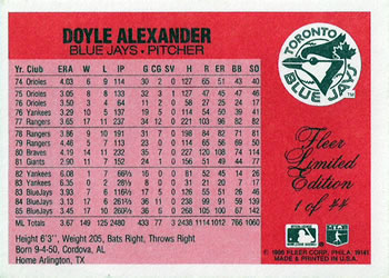 1986 Fleer Limited Edition #1 Doyle Alexander Back