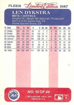 1987 Fleer Limited Edition #13 Len Dykstra Back