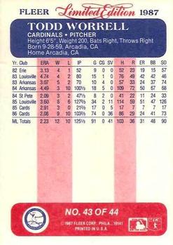 1987 Fleer Limited Edition #43 Todd Worrell Back