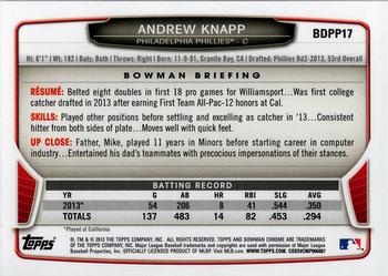 2013 Bowman Draft Picks & Prospects - Chrome Draft Picks #BDPP17 Andrew Knapp Back