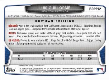 2013 Bowman Draft Picks & Prospects - Chrome Draft Picks #BDPP72 Luis Guillorme Back