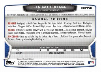2013 Bowman Draft Picks & Prospects - Chrome Draft Picks #BDPP78 Kendall Coleman Back