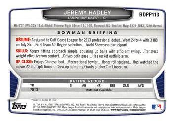 2013 Bowman Draft Picks & Prospects - Chrome Draft Picks #BDPP113 Jeremy Hadley Back