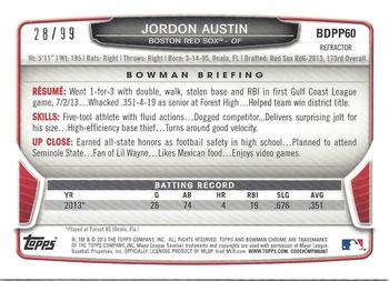 2013 Bowman Draft Picks & Prospects - Chrome Draft Picks Blue Refractors #BDPP60 Jordon Austin Back