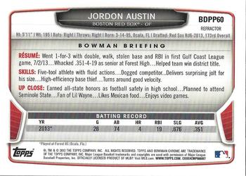 2013 Bowman Draft Picks & Prospects - Chrome Draft Picks Blue Wave Refractors #BDPP60 Jordon Austin Back