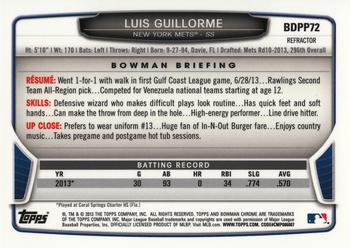 2013 Bowman Draft Picks & Prospects - Chrome Draft Picks Refractors #BDPP72 Luis Guillorme Back