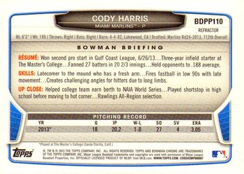 2013 Bowman Draft Picks & Prospects - Chrome Draft Picks Refractors #BDPP110 Cody Harris Back
