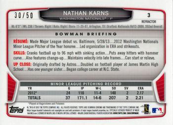 2013 Bowman Draft Picks & Prospects - Chrome Gold Refractors #3 Nathan Karns Back