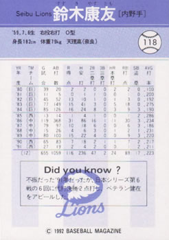 1992 BBM #118 Yasutomo Suzuki Back