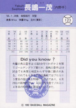 1992 BBM #123 Kazushige Nagashima Back