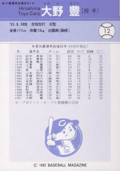 1992 BBM #12 Yutaka Ohno Back
