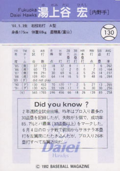 1992 BBM #130 Hiroshi Yugamidani Back