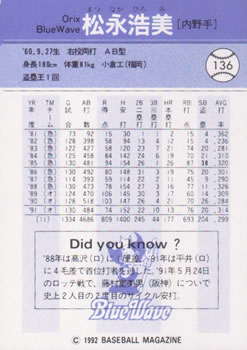 1992 BBM #136 Hiromi Matsunaga Back