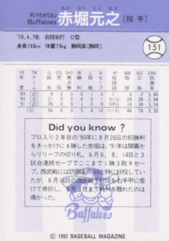 1992 BBM #151 Motoyuki Akahori Back