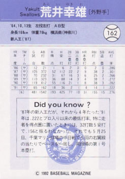 1992 BBM #162 Yukio Arai Back