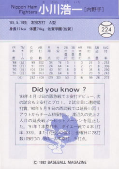 1992 BBM #224 Koichi Ogawa Back