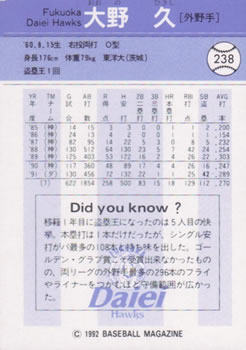 1992 BBM #238 Hisashi Ohno Back