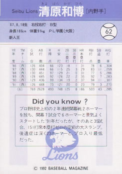 1992 BBM #62 Kazuhiro Kiyohara Back