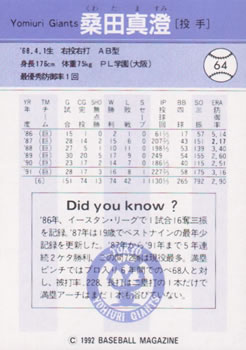 1992 BBM #64 Masumi Kuwata Back